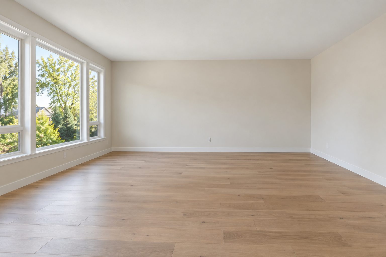 Empty living room with three large windows